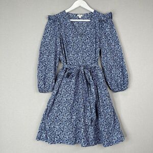 J.Crew Womens Dress Small Blue 100% Cotton Floral Puff Sleeve Belted Preppy Boho